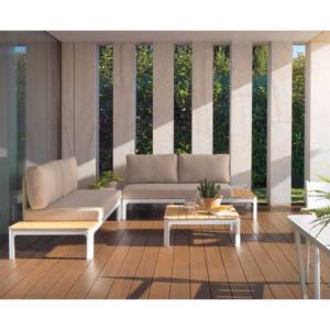 Set de aluminio y teca de 4 piezas con cojín con mesa modelo corner teca
