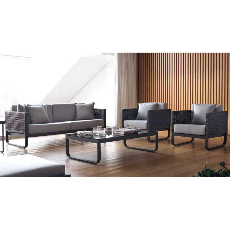 Set Conjunto de 2 sillones, sofá y mesa de centro en aluminio y fibra sintética con cojines modelo star