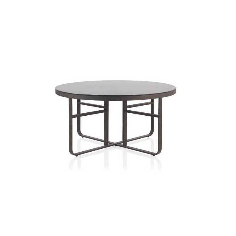 Mesa redonda de aluminio en color nogal con cristal liso negro modelo star