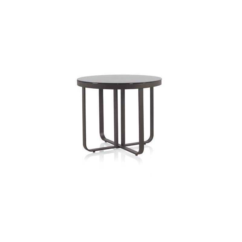 Mesa redonda de 90 en aluminio en color nogal con cristal liso negro modelo star
