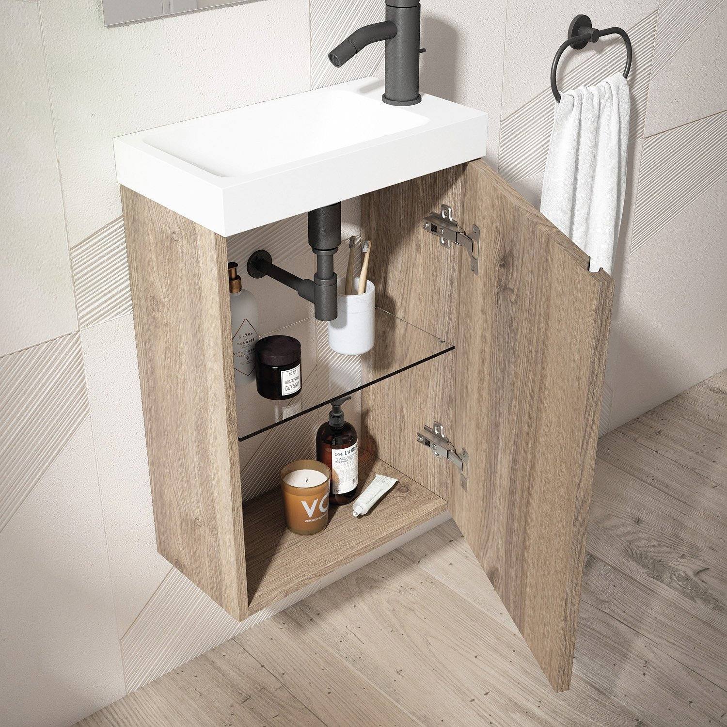 Conjunto mueble de baño Lagos fondo reducido 22 cm suspendido 1 puerta 40 cm y espejo Visobath - Imagen 2