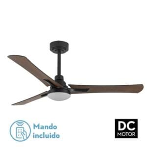 Ventilador de la serie CORO realizado en metal, MDF y cristal, en color NEGRO con tres aspas REVERSIBLES de color ROBLE/HAYA.