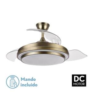 Ventilador DC serie IBE realizado en metal, policarbonato y metacrilato, en color NÍQUEL/ CUERO con tres aspas DESPLEGABLES