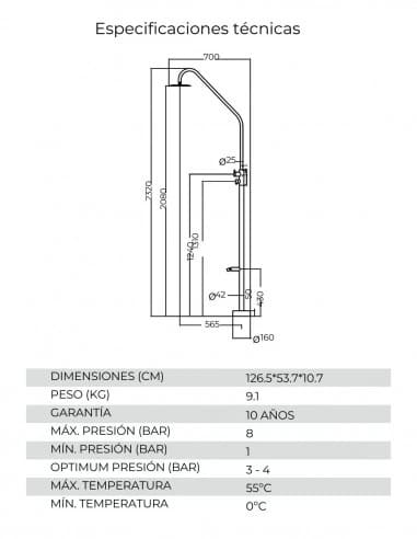 Ducha externa monomando en acero inox. S.316 serie Dakota - Imagen 8